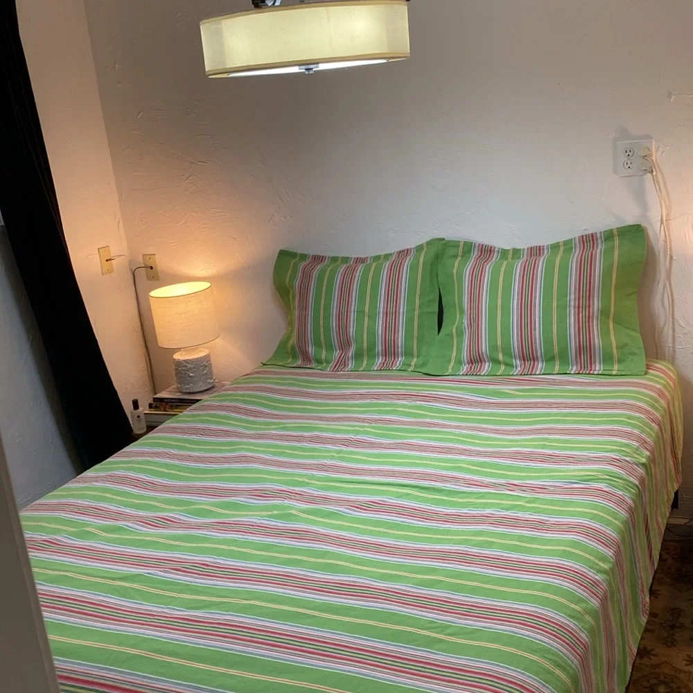Pottery Barn Newport Green Striped Duvet Queen Two Standard Pillow Shams Set